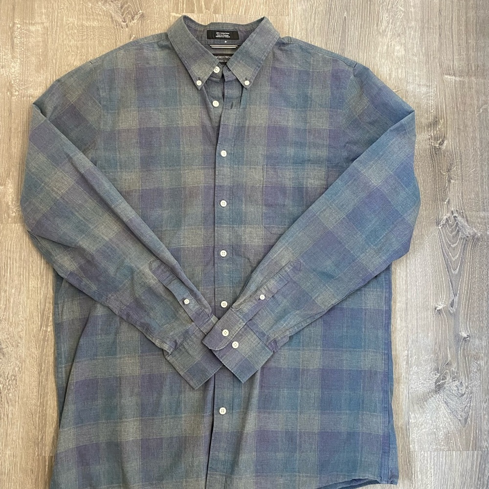 Nordstrom Men’s Shop Gray and Blue Checkered Shirt | XL Tall | 100% cotton - Picture 2 of 8